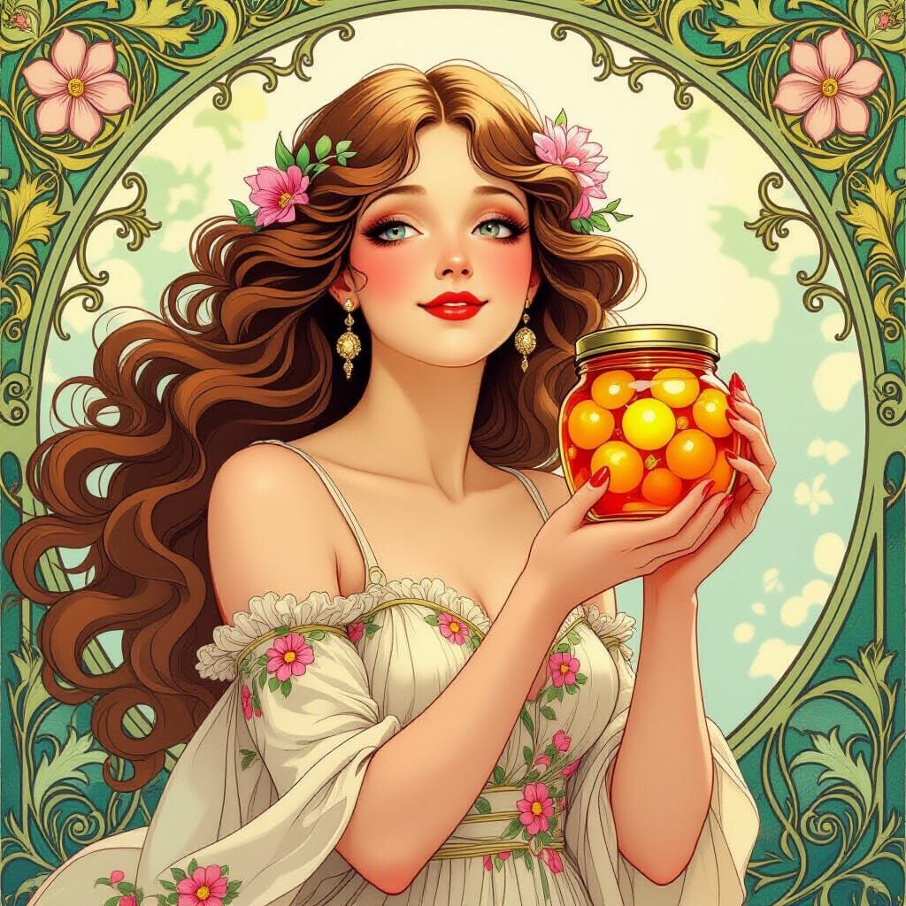 Art Nouveau Woman With Glowing Fruit Preserves