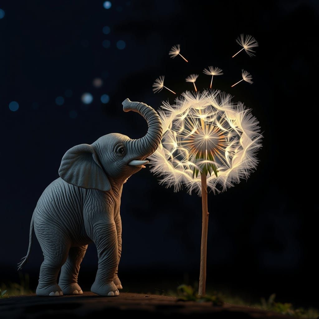 Miniature Elephant Blows at Glowing Dandelion in Nighttime F...