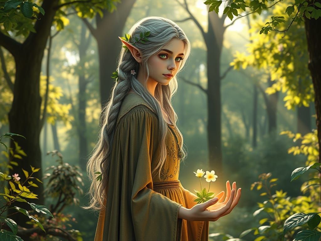 Elven Girl Heals Forest in Ethereal Fantasy Style