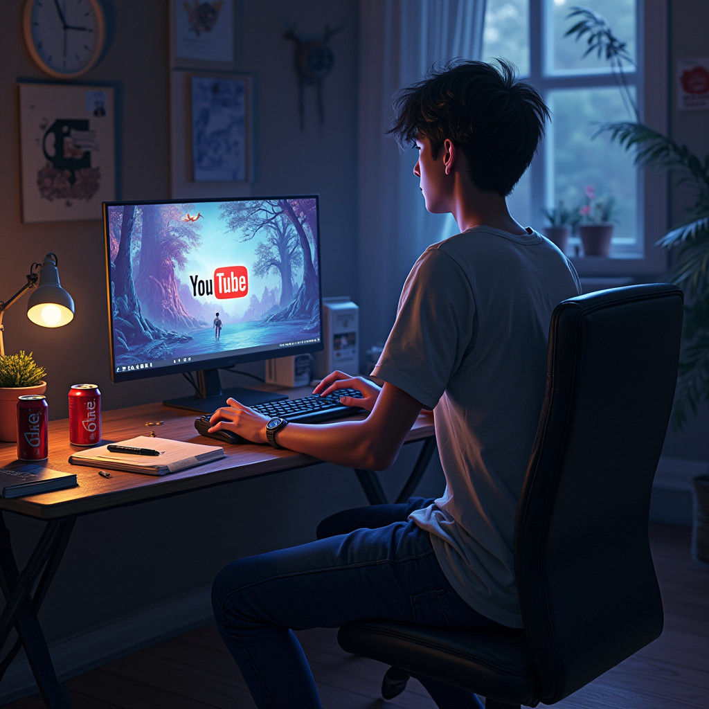 Man Watching YouTube in Dreamlike Room, Digital Art