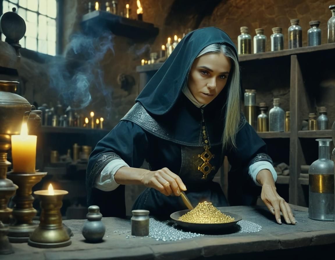 Alchemist Transmuting Lead to Gold in Workshop