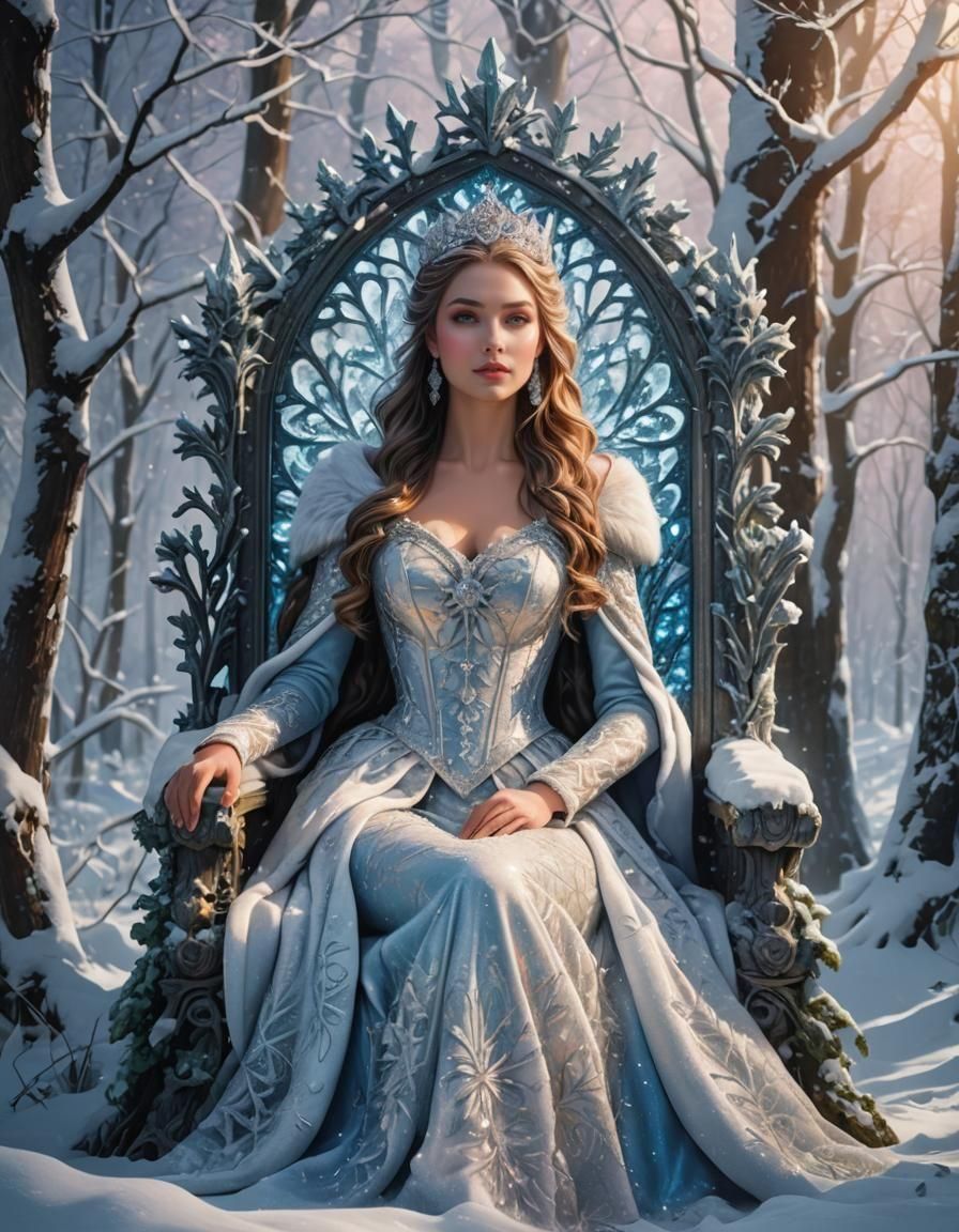 Enchanted Snowy Forest with Princess on Throne