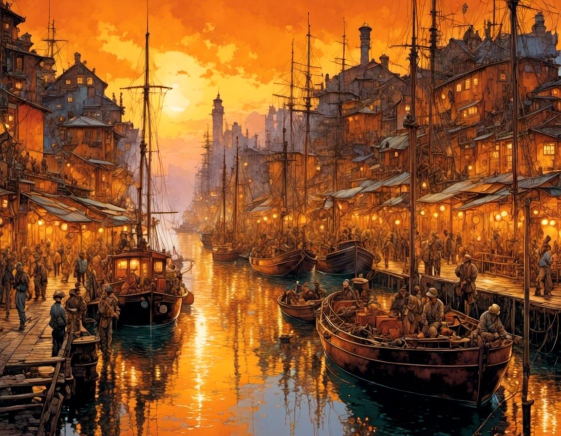 Golden Hour Harbour Scene in Anime Style