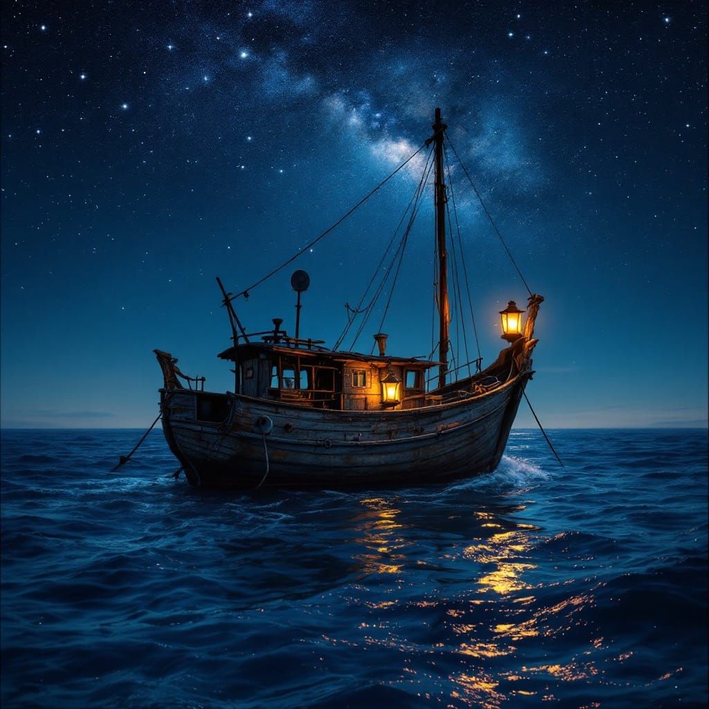 Starry Night Fishing Boat in Hyperrealism Style