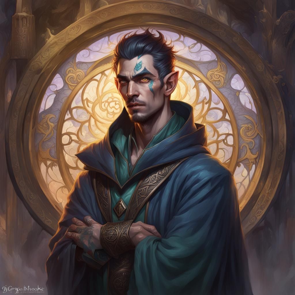 Detailed Portrait of a Half-Elf Wizard in Art Nouveau Style