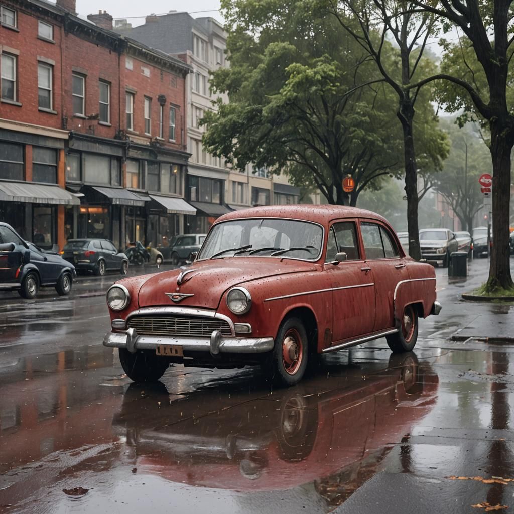 Vintage Red Car on Wet Street