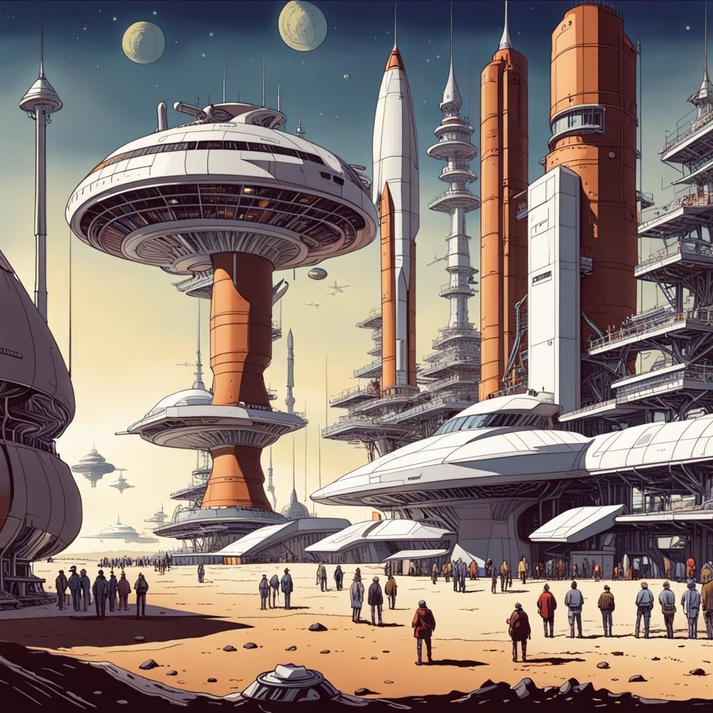 commercial spaceships many people busy spaceport bright future Moebius good composition