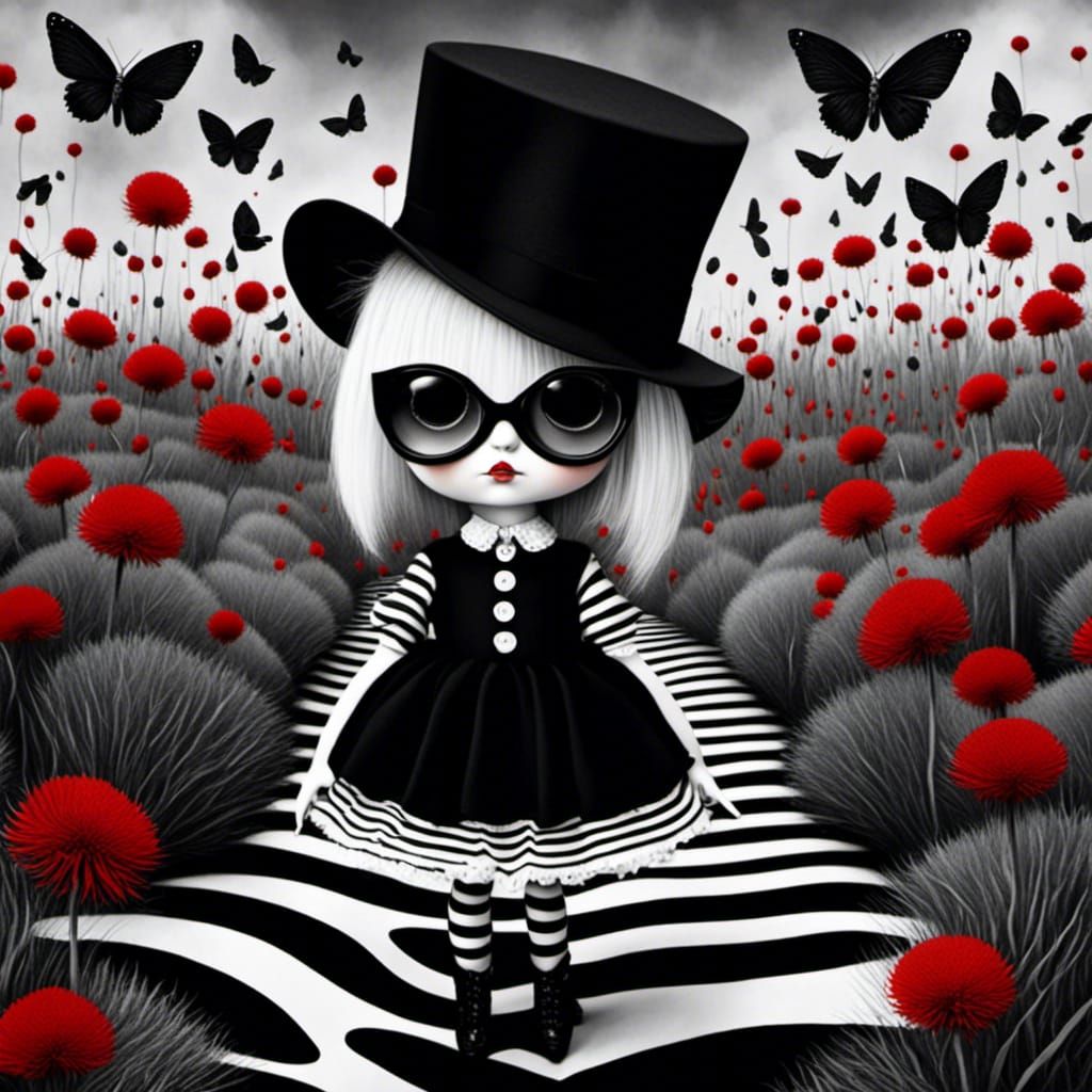 Surreal Goth Doll in a Dandelion Field