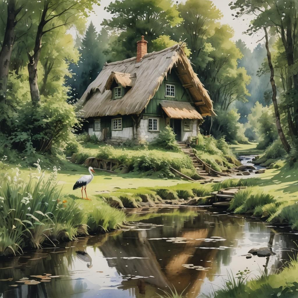 Thatched Cottage in Forest Clearing, Watercolor Style