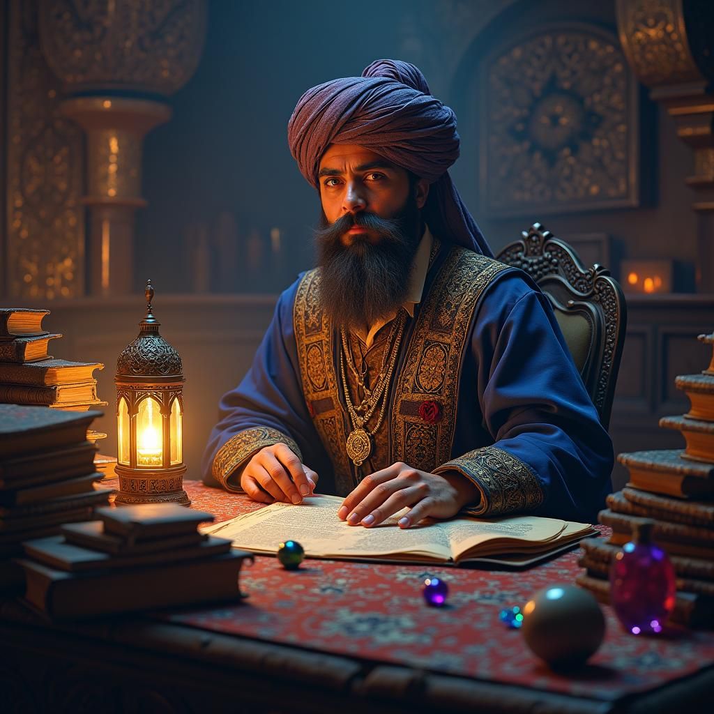 Persian Historian at Ornate Desk: Fantasy Concept Art