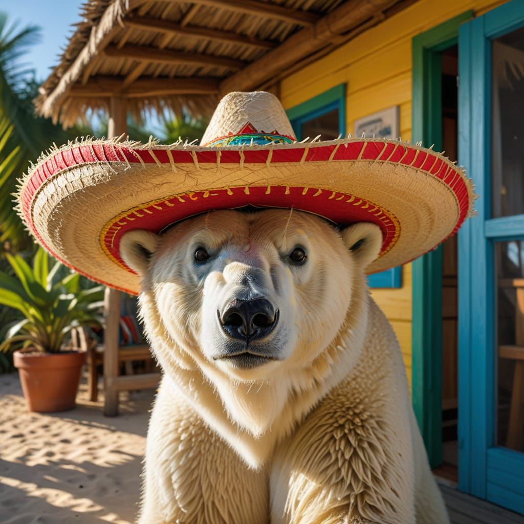Polar Bear Sweeping Porch in Sombrero, Hyper-Realistic
