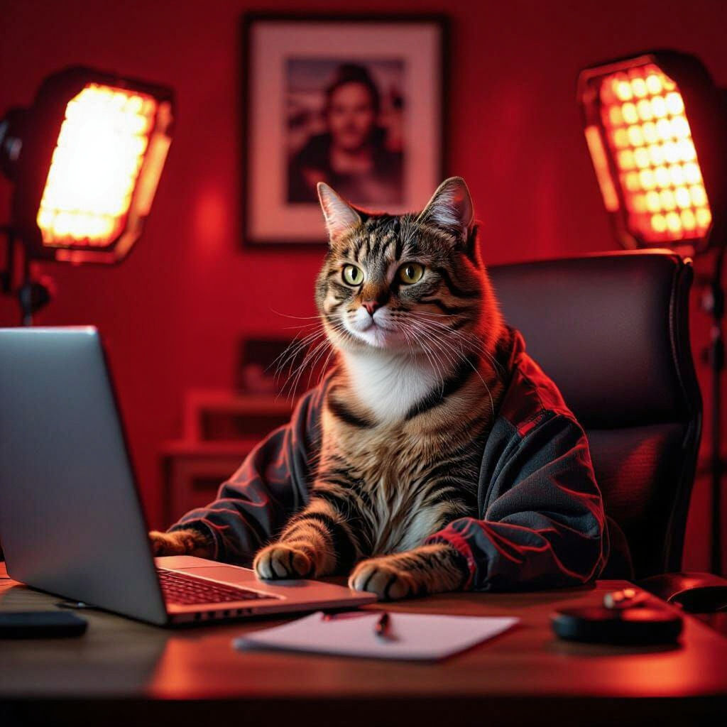 Cat YouTuber Studio in Cinematic Film Style