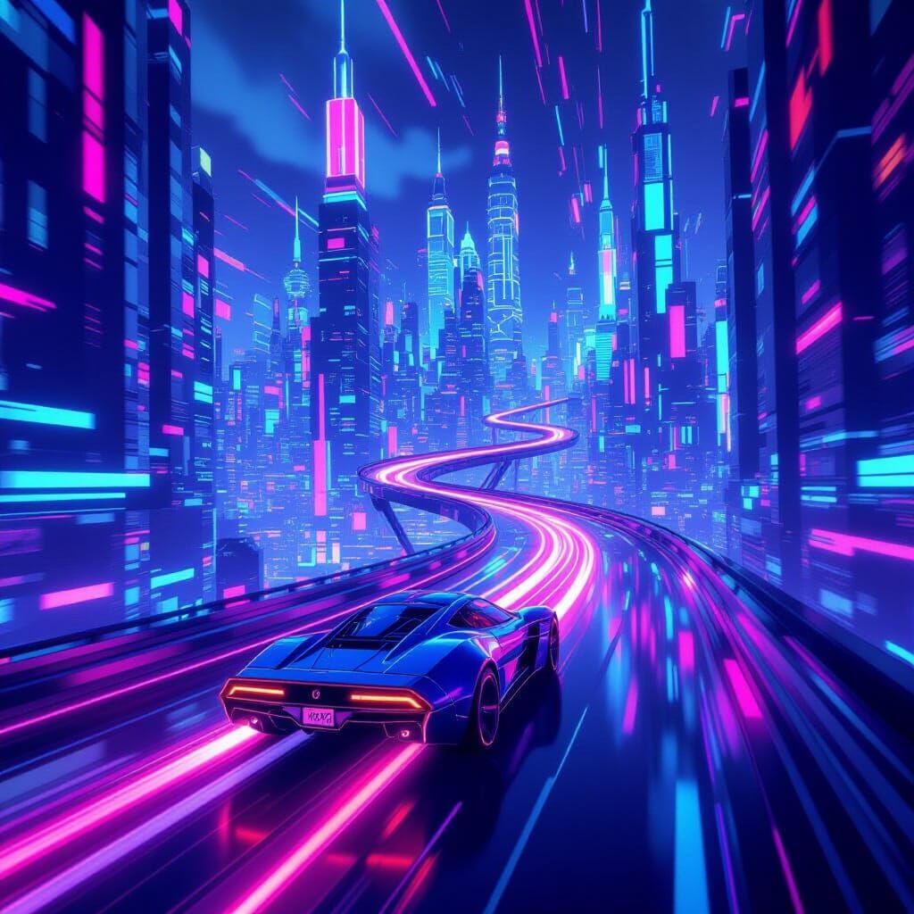 Neon Geometric Shapes Speeding Through Cyberpunk Landscape