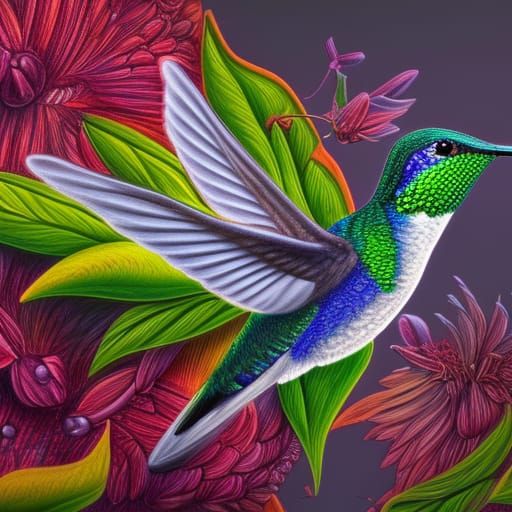 Hyper-detailed colored pencil sketch of hummingbird