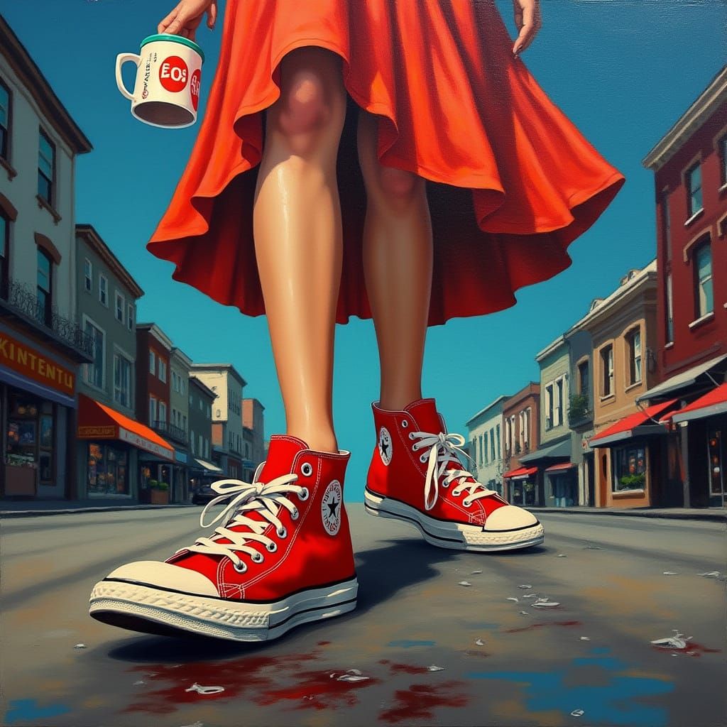 1950s Woman in Red Sneakers, Dynamic Street Scene