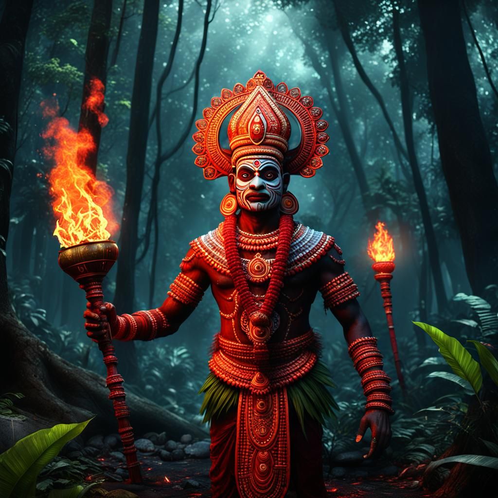 Theyyam in a Kerala Forest, Detailed Matte Painting