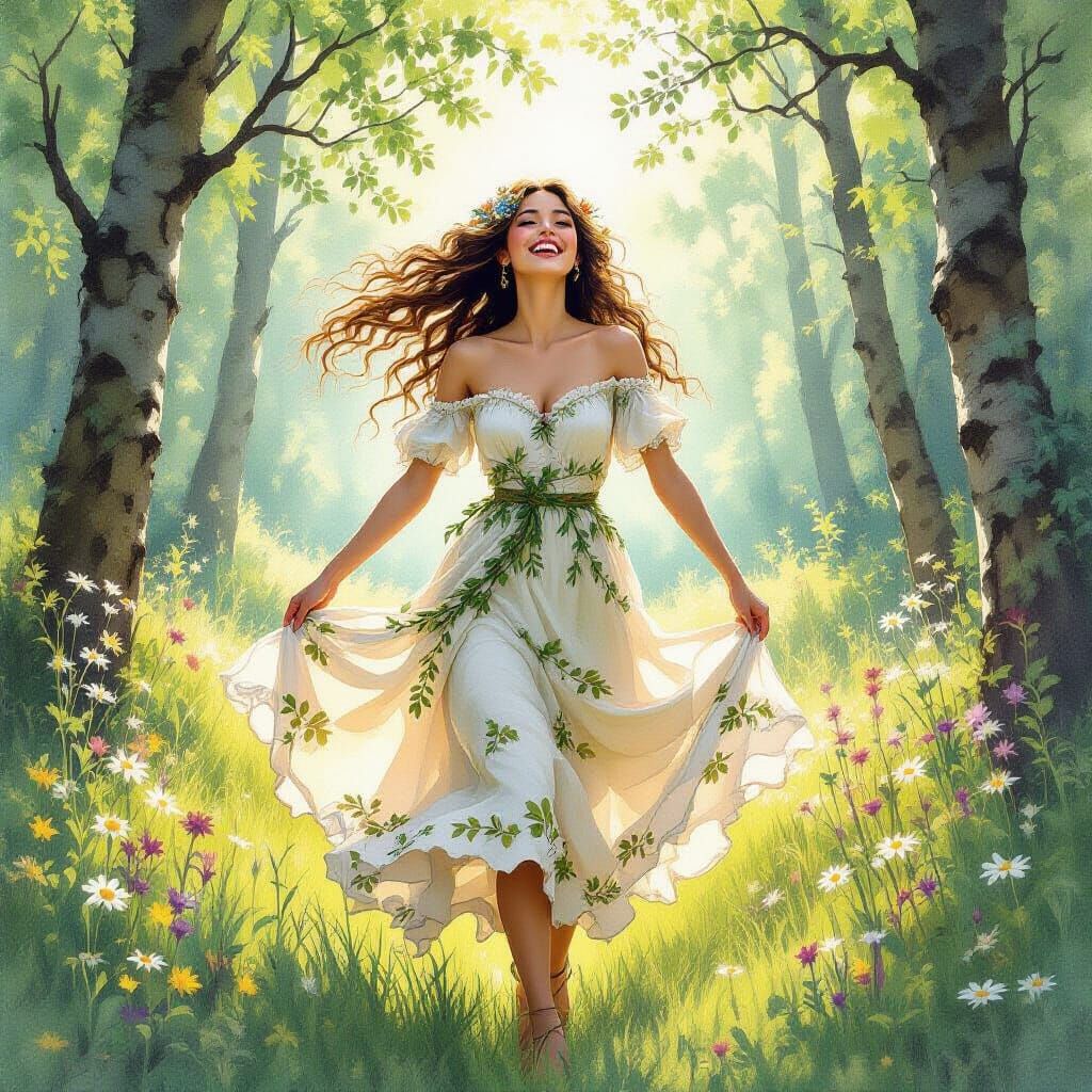 Woman Dances in Forest Clearing, Watercolor Style