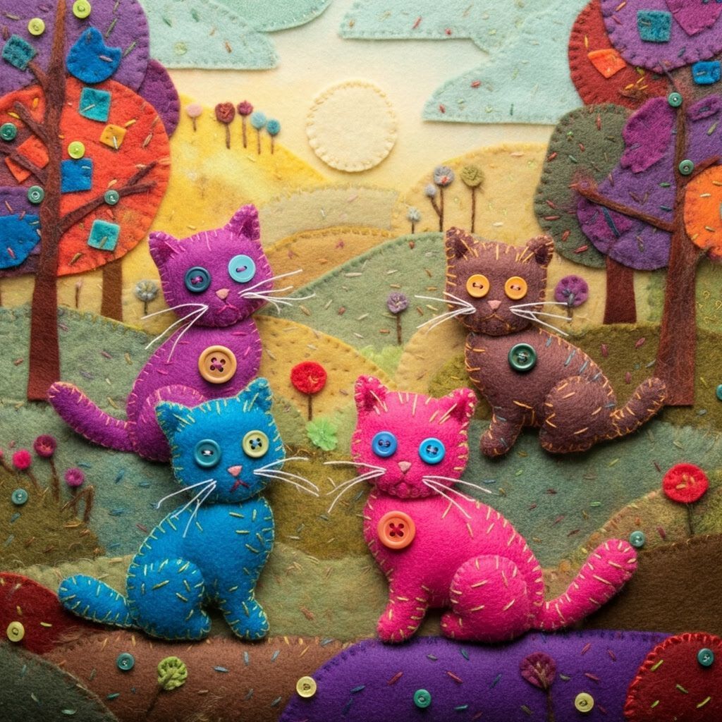 Neon Felt Kittens Play in Dreamy Landscape