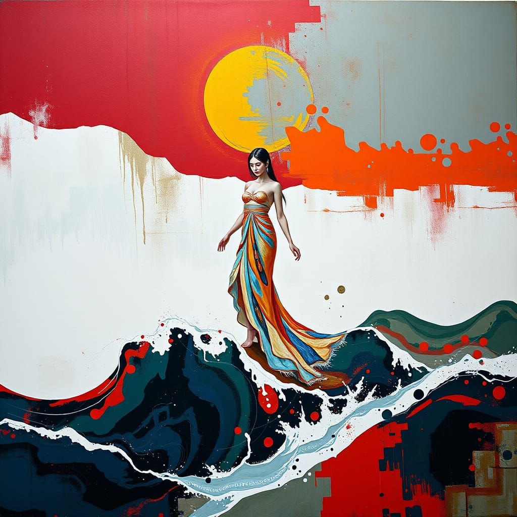 Abstract Rothko-Inspired Goddess Amidst Geometric Ocean