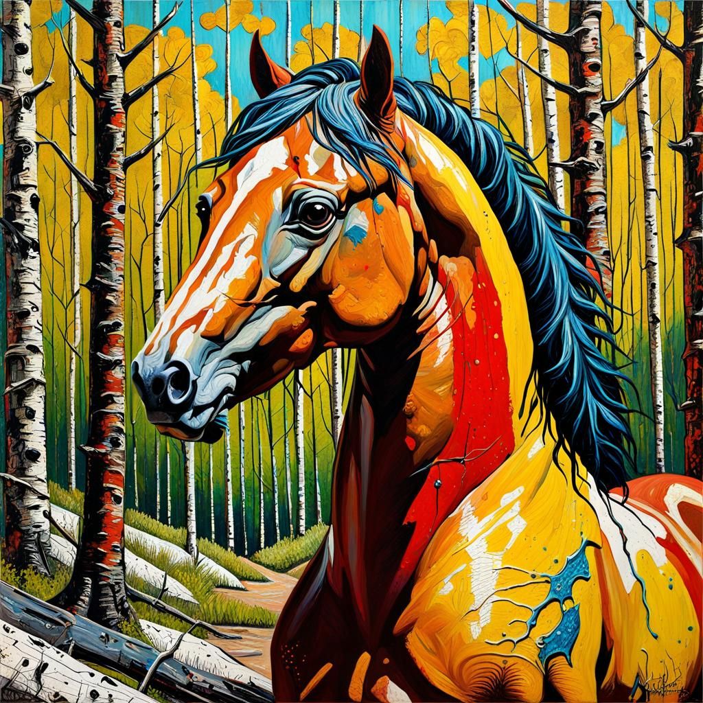 oil painting and mixed-media, a proud heroic horse posing in...