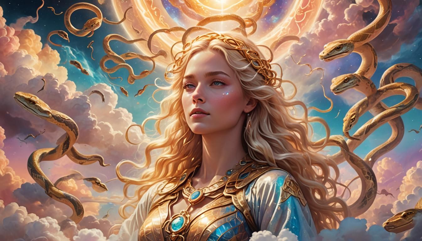 Blonde Goddess with Snakes in Cosmic Astral Illustration