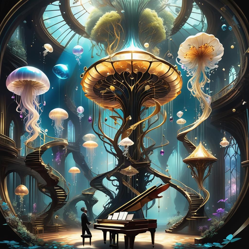 Surreal Dreamscape with Floating Jellyfish and Piano