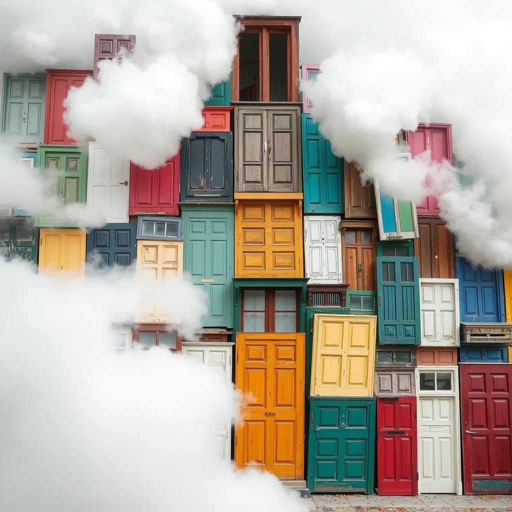 Eclectic Door Wall Ascending into Clouds
