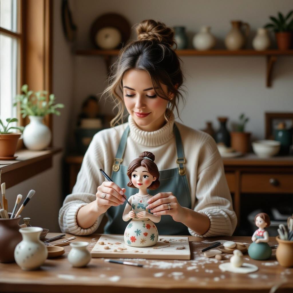 Woman Creating Miniature Clay Figure in Folk Art Style