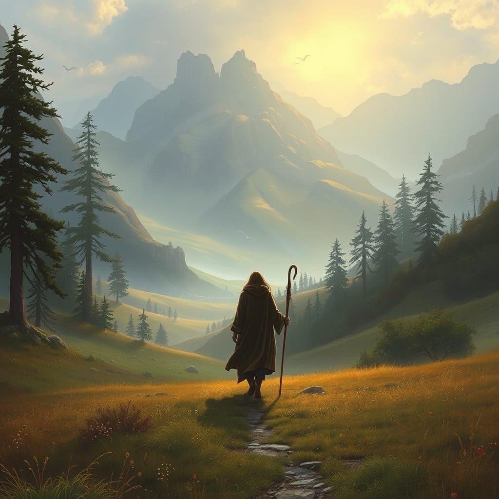 Mystical Valley Scene in Warm Fantasy Style