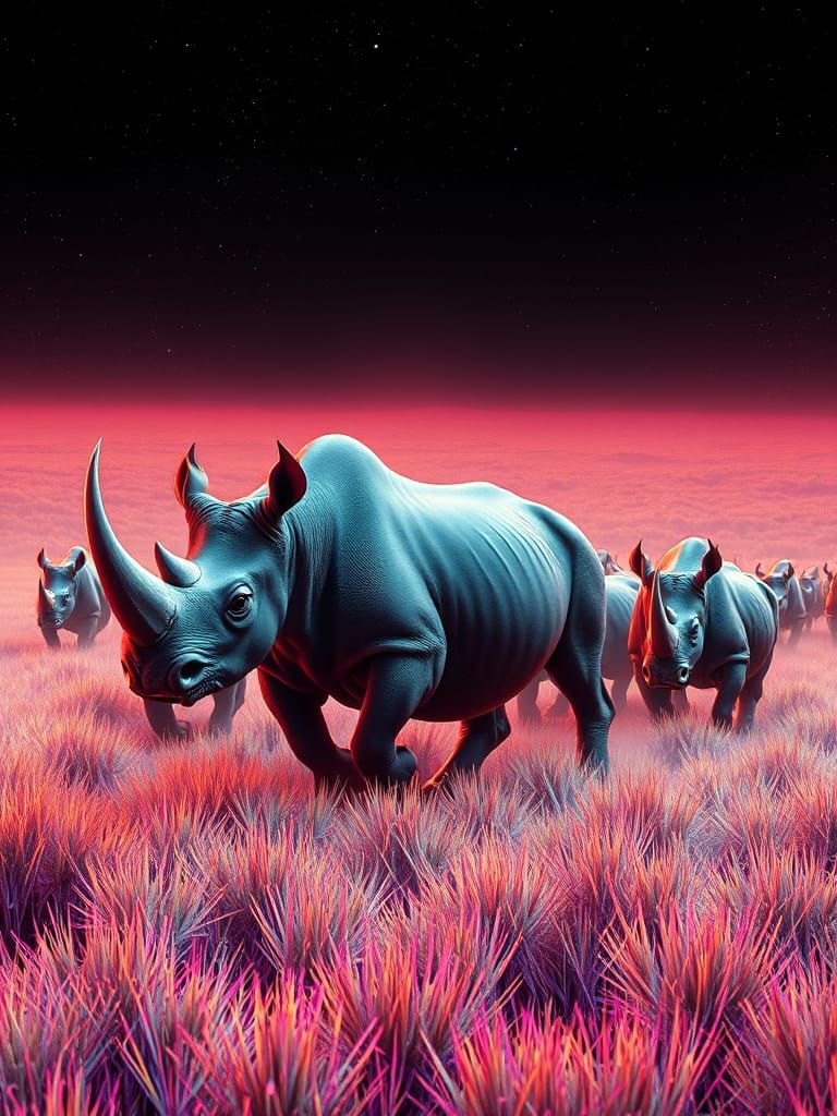 Elasmotherium Herd in Neon Fractal Field