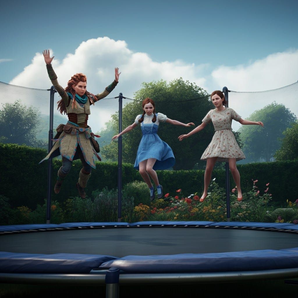 Dorothy, Ellie, and Aloy on a Trampoline, Hyperrealistic Pho...
