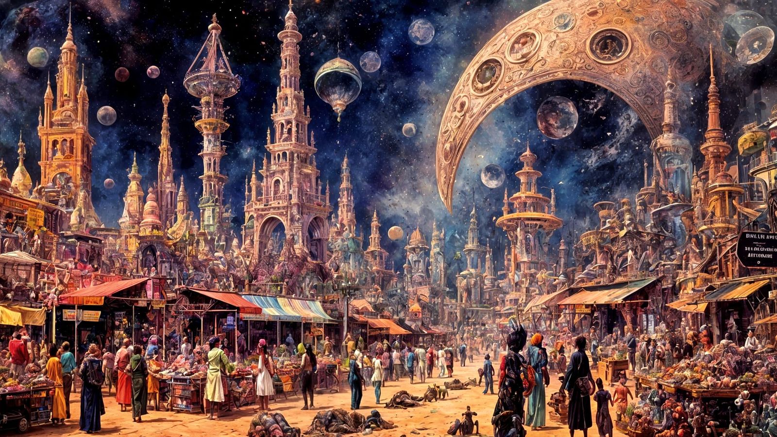 Vibrant Steampunk Futurism Marketplace Painting
