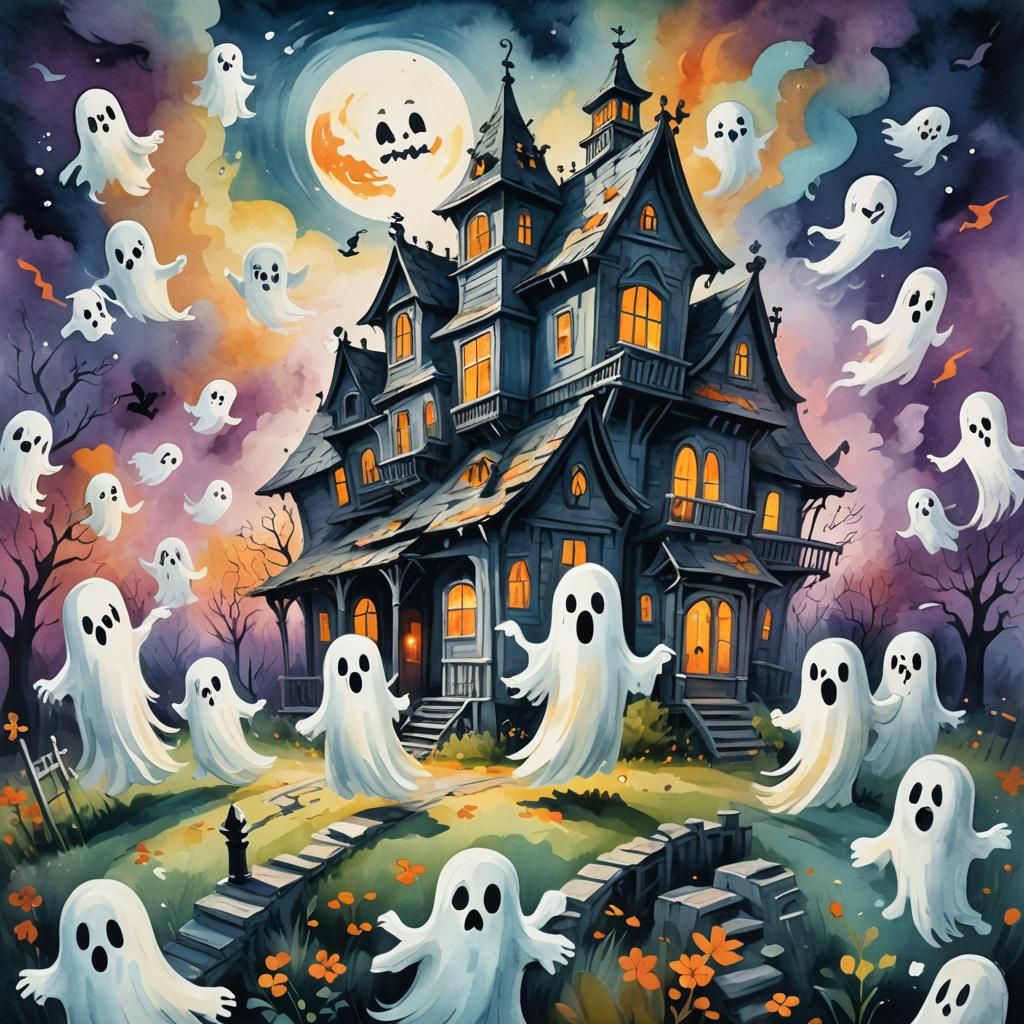 Whimsical Cartoon Ghosts Fly Around Haunted House