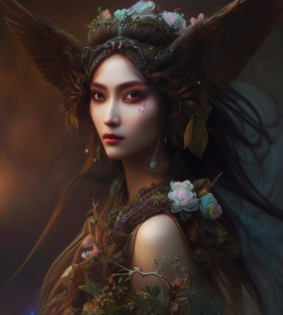 Fae Warrior Goddess overgrown with gorgeous botanicals  cinematic ligh...