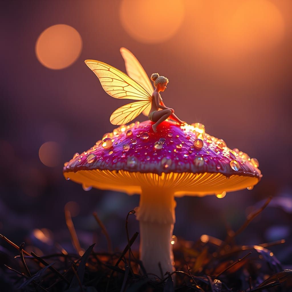 Ethereal Fairy on Glowing Mushroom, Hyperrealistic Art Nouve...