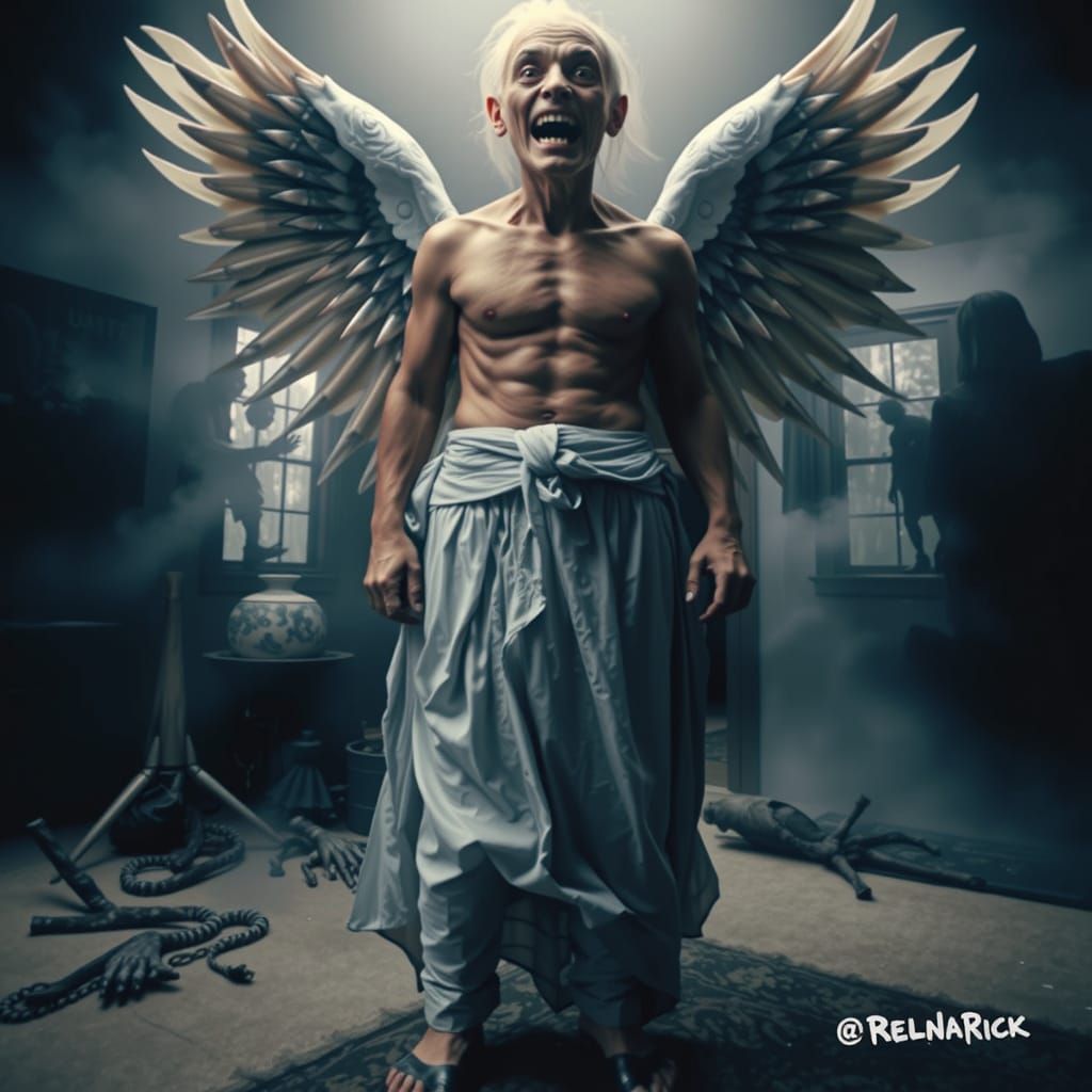 Terrifying Fusion of Mythological Figures in Dark Bedroom