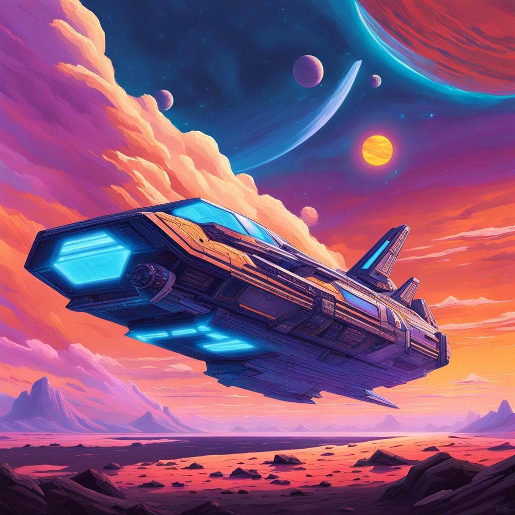 Sci-Fi Spaceship Ascends on Distant World