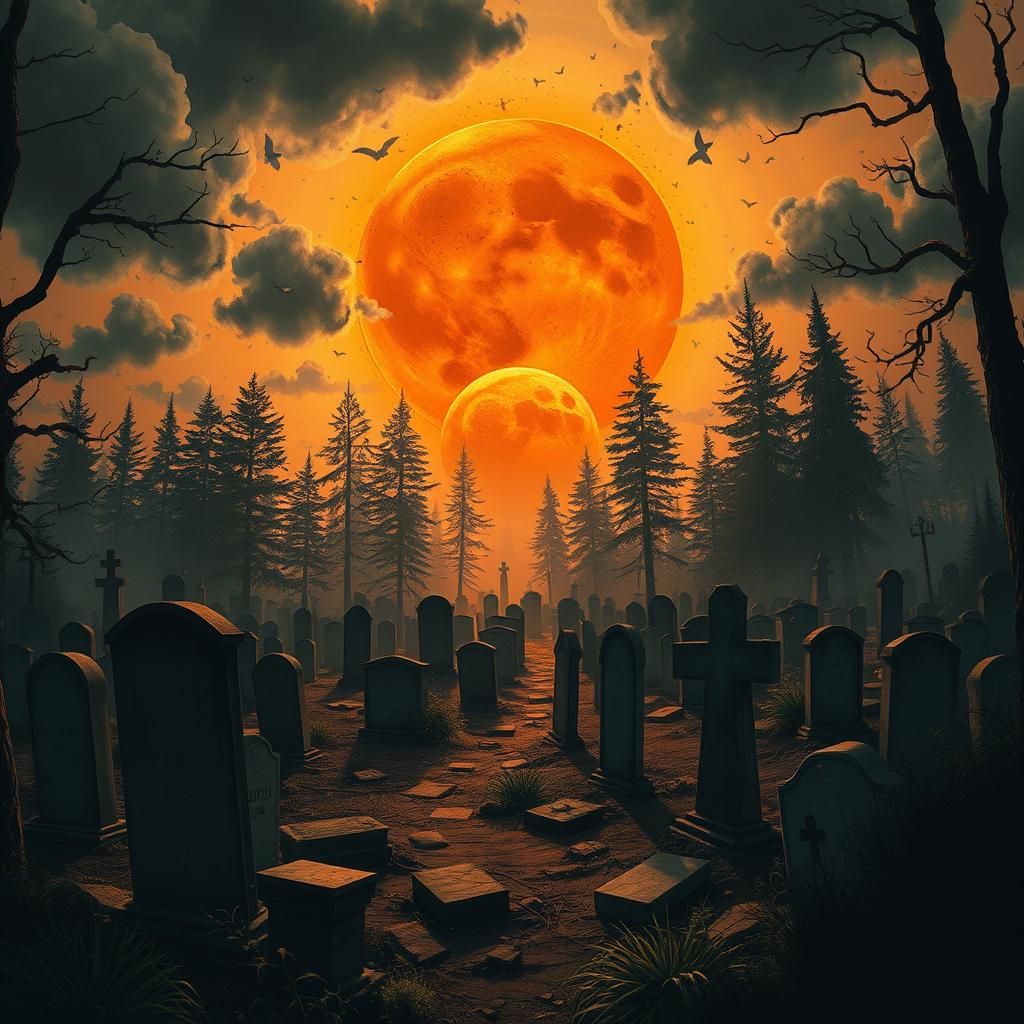 Chaotic Cemetery in Forest with Orange Sun