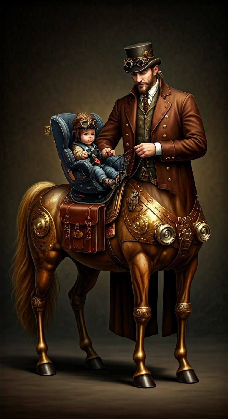 Steampunk Centaur Giving Ride to Toddler