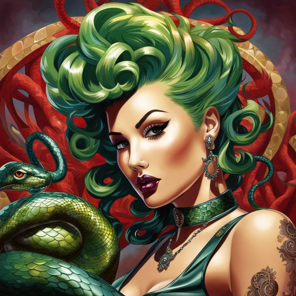 Rockabilly Medusa Pinup with Hot Rod, Alcohol Ink Art