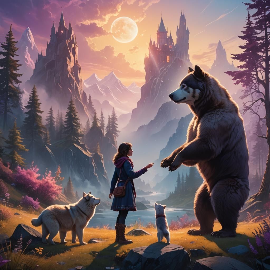 Fantasy Landscape with Girl, Bear, and Husky