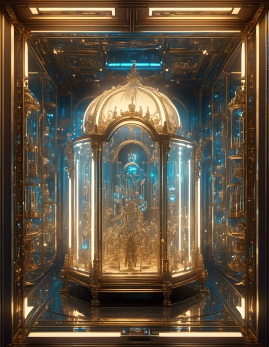 Ethereal Glass Box with Magical Glyphs in CGI VFX Style