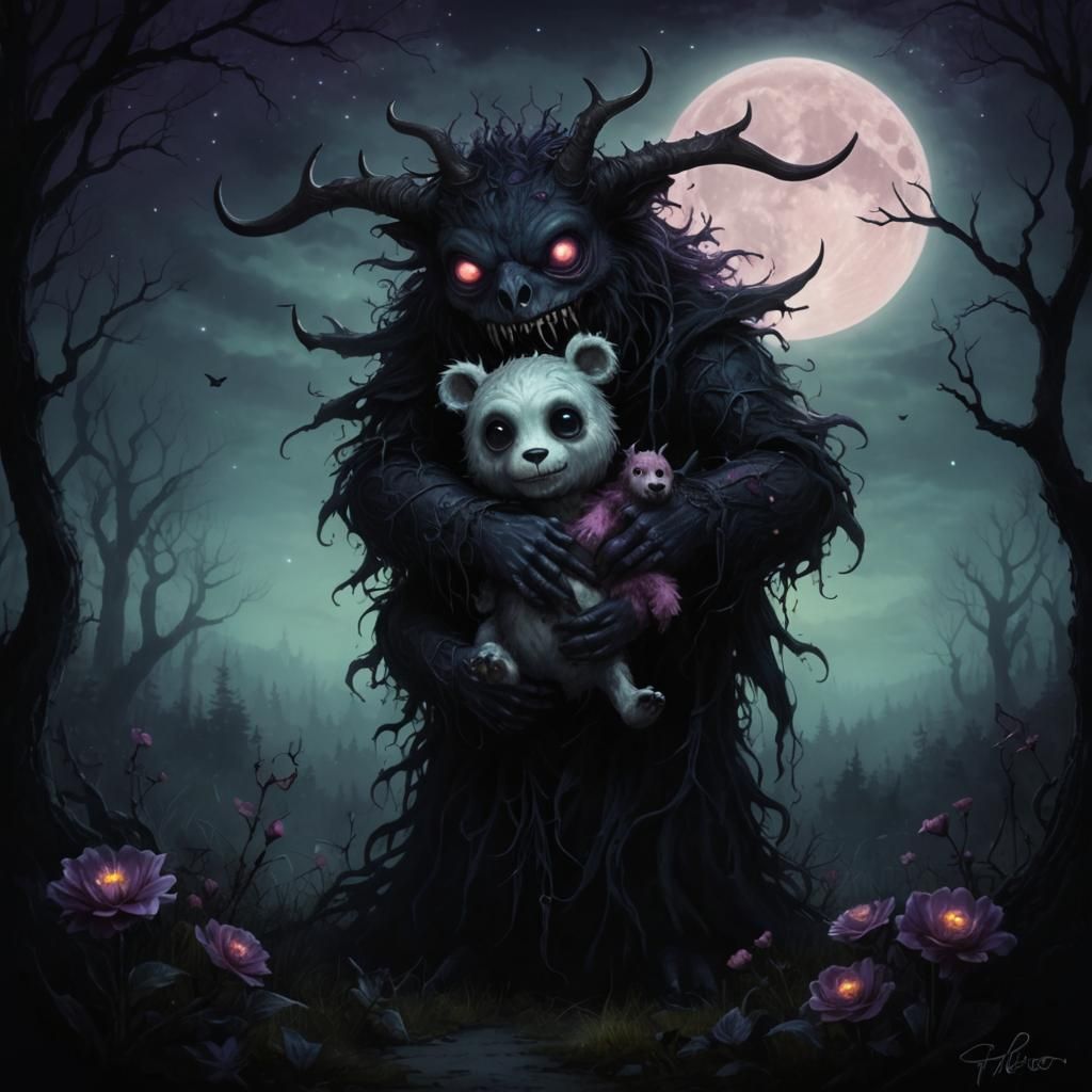Creepy Cute Monster with Teddy in Gothic Forest