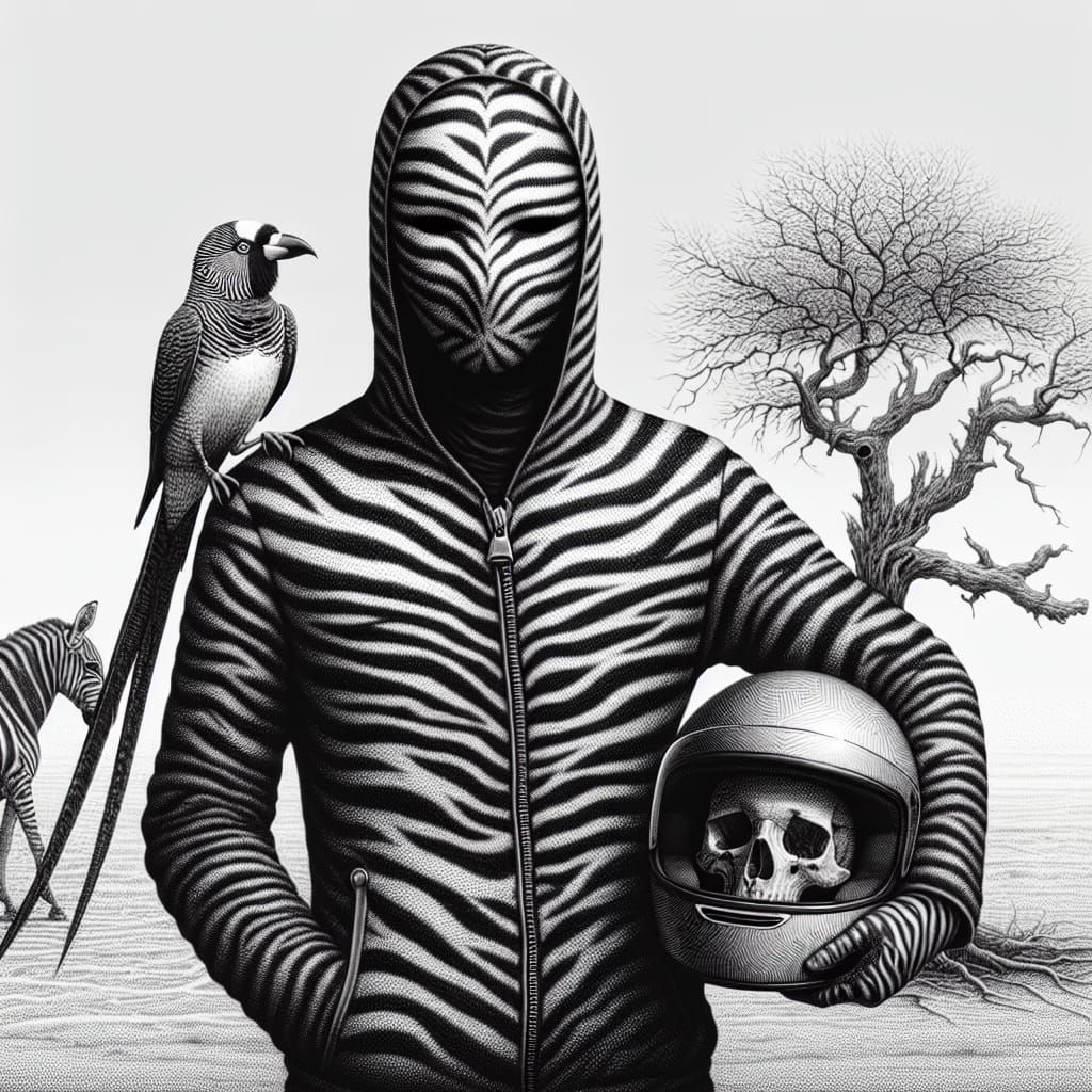 Anonymous Figure with Motorcycle Helmet in Surreal Landscape