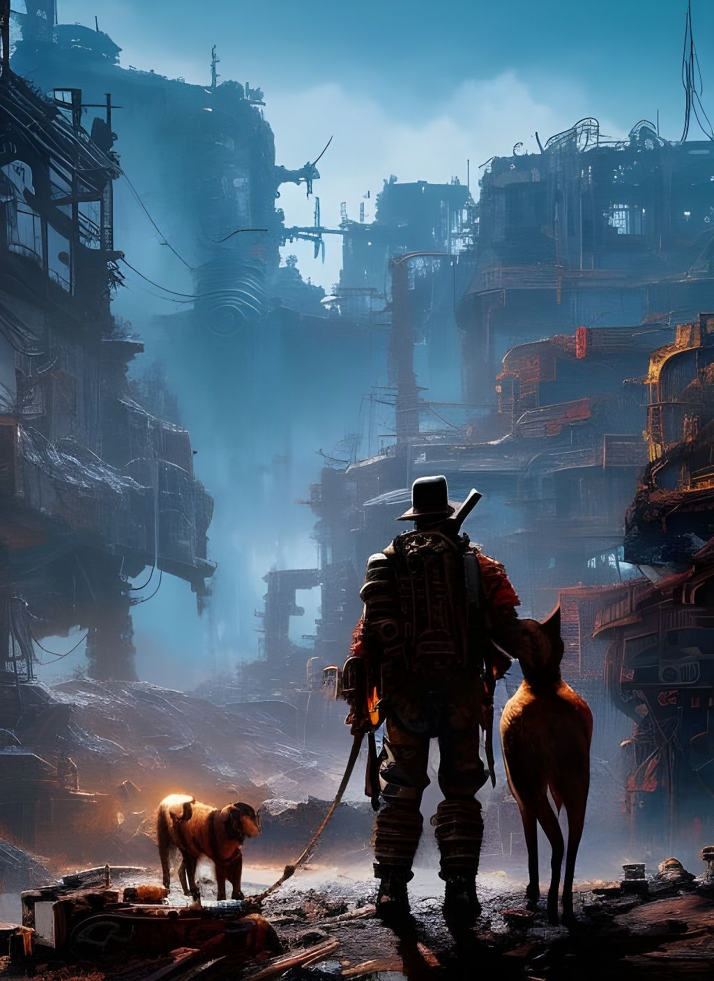 Fallout Wanderer and Dog in Apocalyptic Wasteland