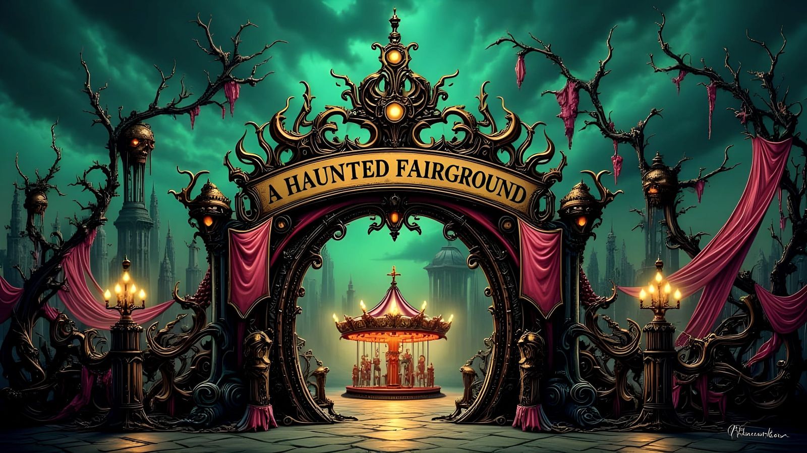 Haunted Fairground Illustration in Gouache Style