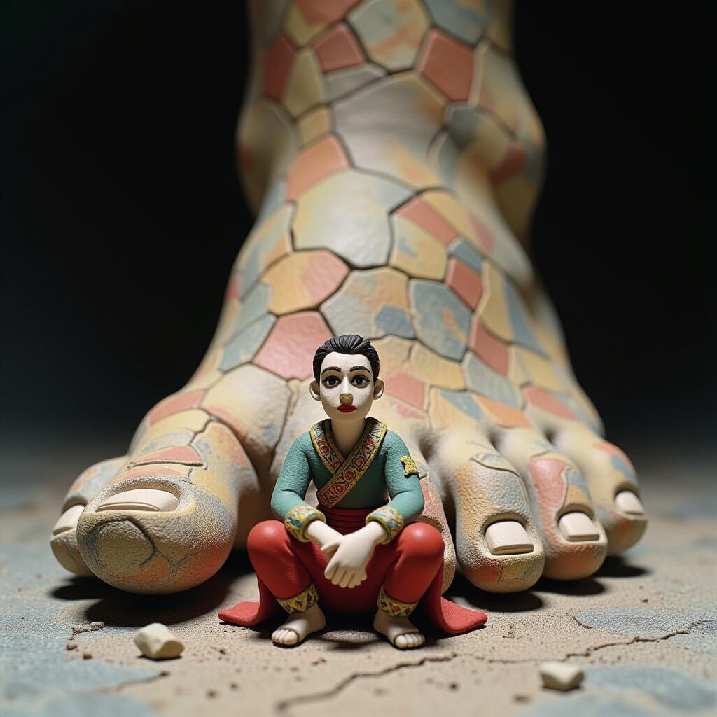 Clay Figure Under Looming Foot in Surreal Style