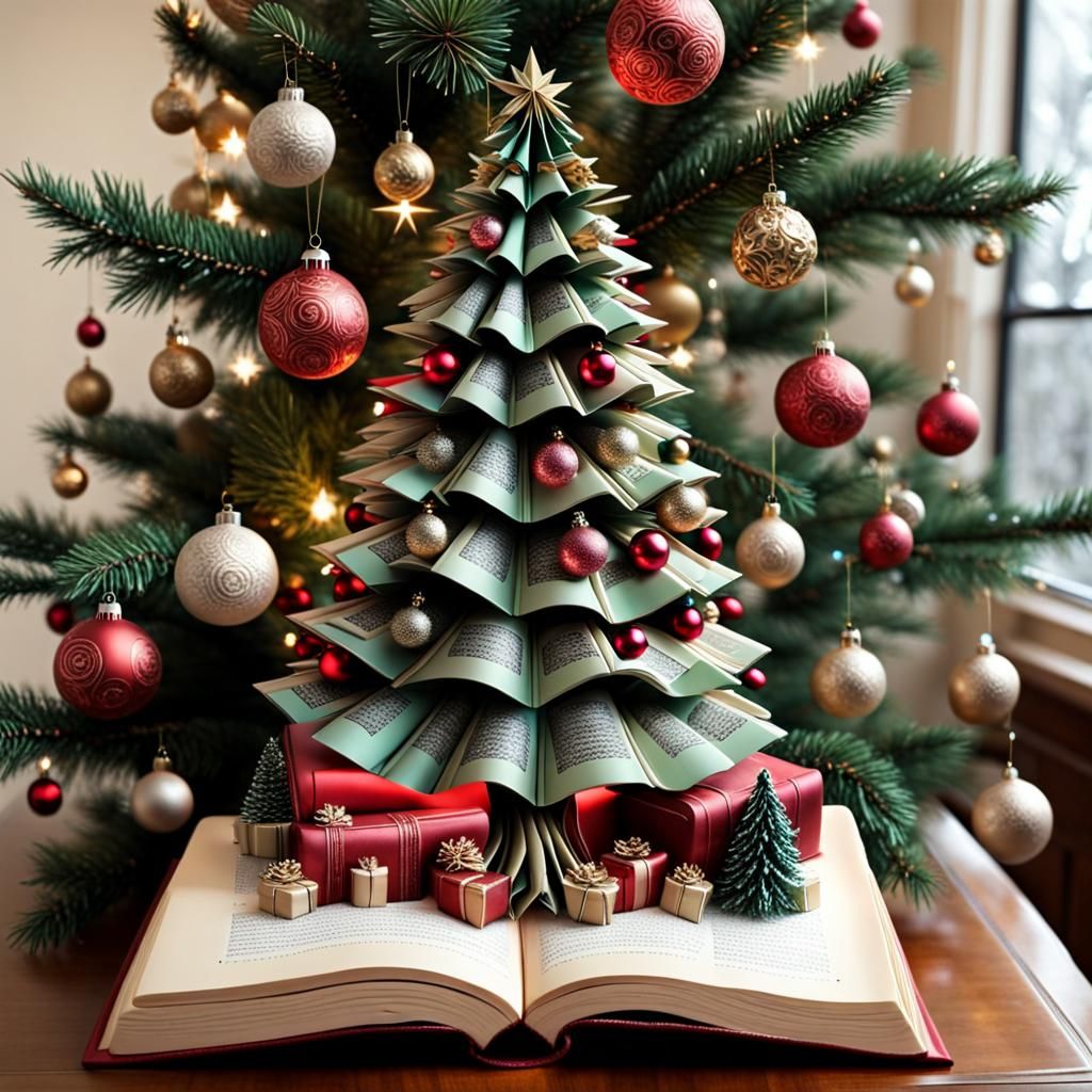 Christmas Tree with Book Ornaments