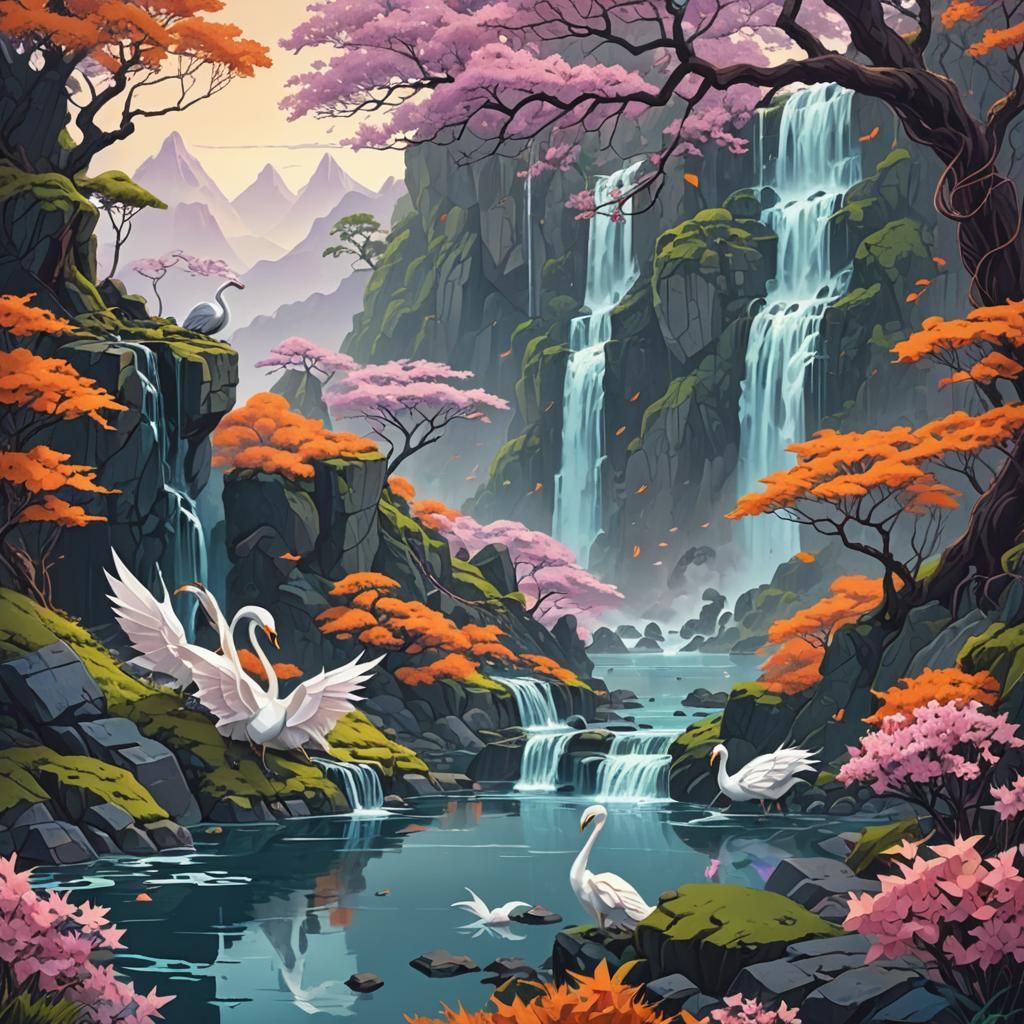 Fantasy Landscape with Origami Animals in Matte Painting Sty...