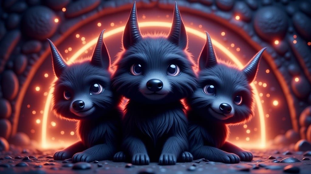 Charming Hellhound with Expressive Blue Eyes in Whimsical Ha...